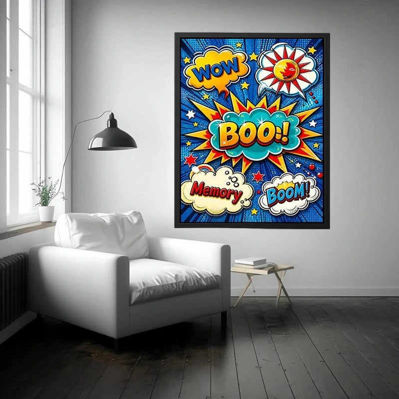 Pop art comic explosion wall art with BOOM text, vibrant colorful modern canvas artwork for living room decor