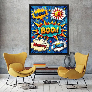 Pop art comic explosion wall art with BOOM text, vibrant colorful modern canvas artwork for living room decor