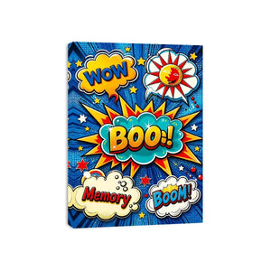 Pop art comic explosion wall art with BOOM text, vibrant colorful modern canvas artwork for living room decor