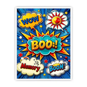 Pop art comic explosion wall art with BOOM text, vibrant colorful modern canvas artwork for living room decor