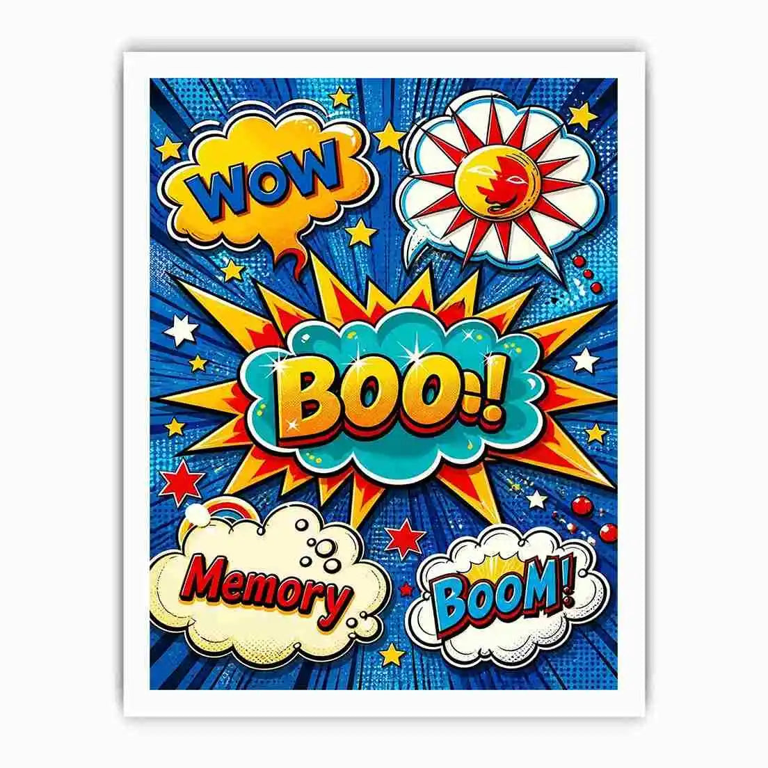 Pop art comic explosion wall art with BOOM text, vibrant colorful modern canvas artwork for living room decor