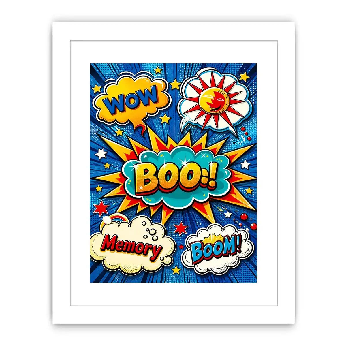 Pop art comic explosion wall art with BOOM text, vibrant colorful modern canvas artwork for living room decor