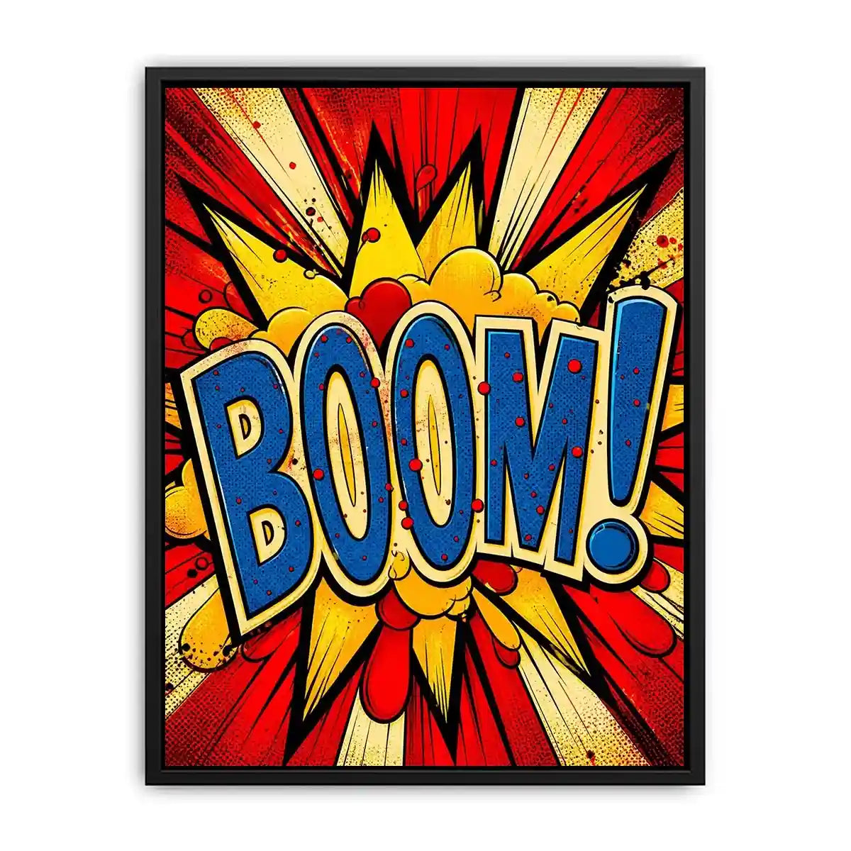 Pop art BOOM explosion wall art canvas with bold comic typography and vibrant colors for modern home decor