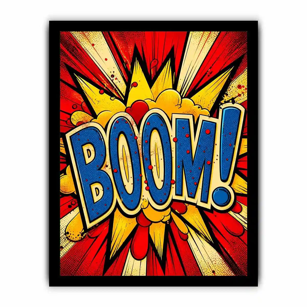 Pop art BOOM explosion wall art canvas with bold comic typography and vibrant colors for modern home decor