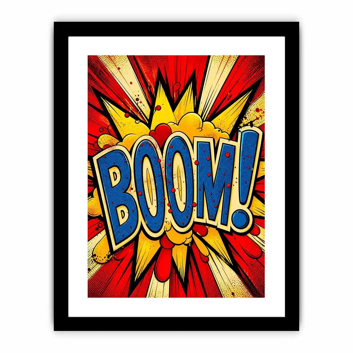 Pop art BOOM explosion wall art canvas with bold comic typography and vibrant colors for modern home decor