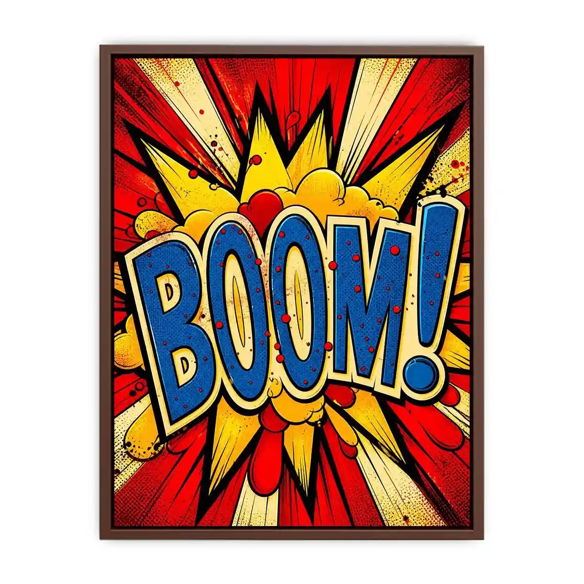 Pop art BOOM explosion wall art canvas with bold comic typography and vibrant colors for modern home decor