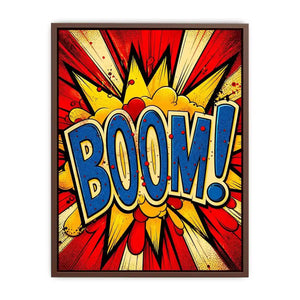 Pop art BOOM explosion wall art canvas with bold comic typography and vibrant colors for modern home decor