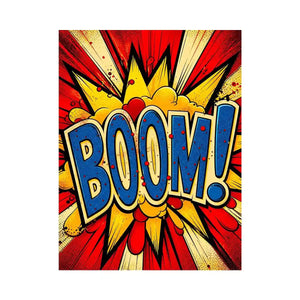 Pop art BOOM explosion wall art canvas with bold comic typography and vibrant colors for modern home decor