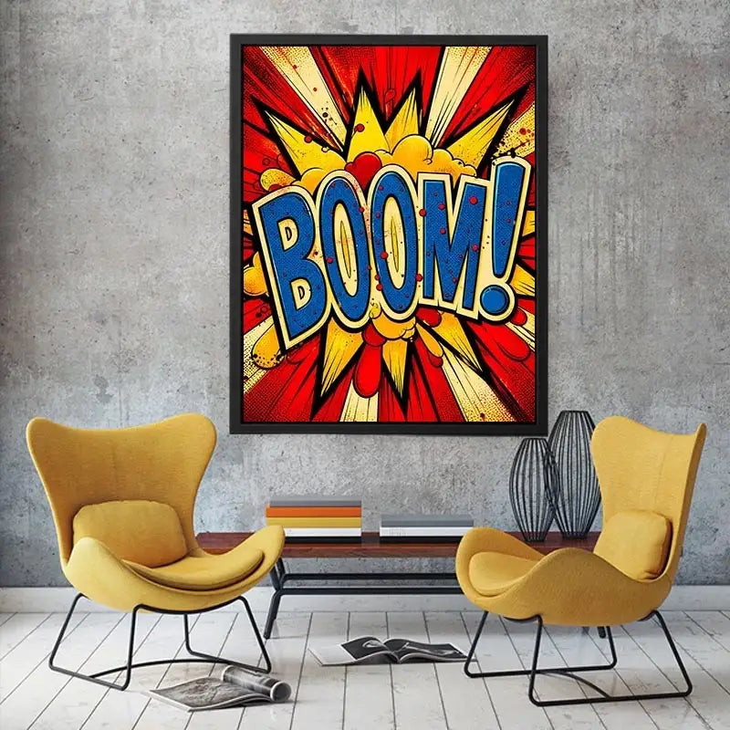Pop art BOOM explosion wall art canvas with bold comic typography and vibrant colors for modern home decor