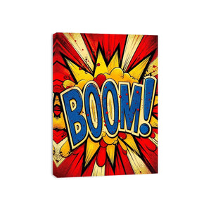 Pop art BOOM explosion wall art canvas with bold comic typography and vibrant colors for modern home decor
