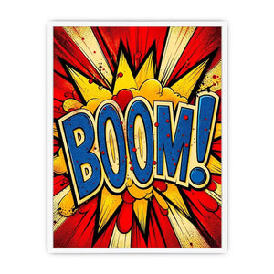 Pop art BOOM explosion wall art canvas with bold comic typography and vibrant colors for modern home decor