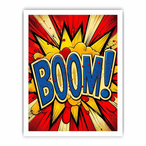 Pop art BOOM explosion wall art canvas with bold comic typography and vibrant colors for modern home decor