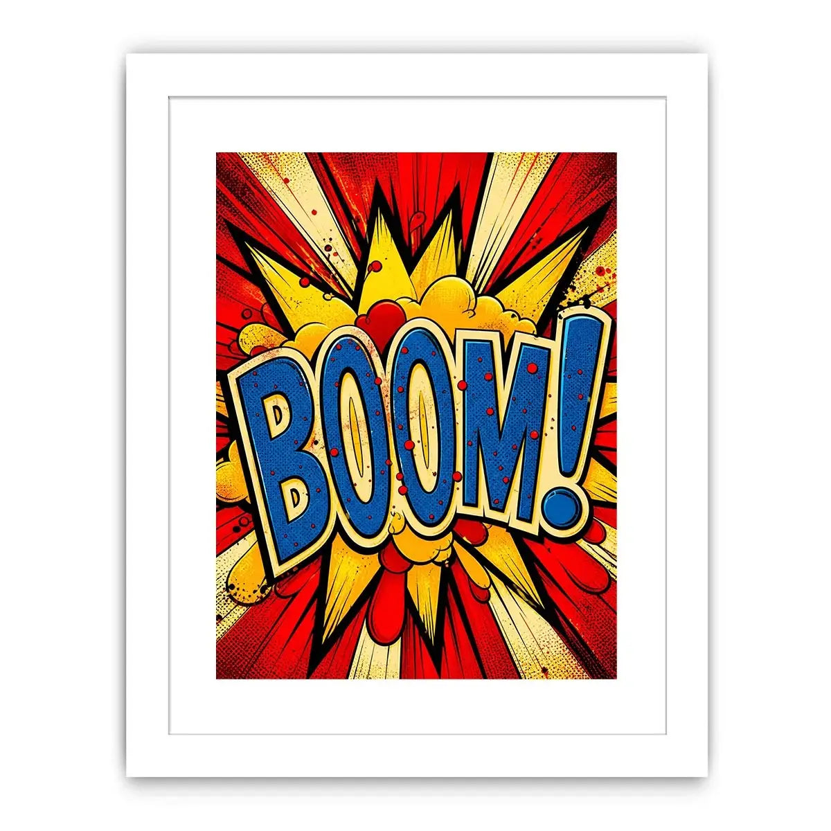 Pop art BOOM explosion wall art canvas with bold comic typography and vibrant colors for modern home decor