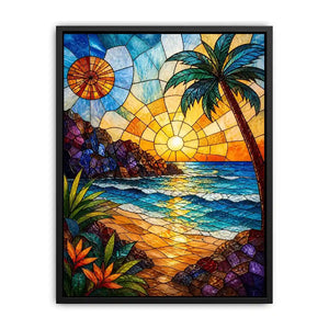 Stained glass beach sunset wall art with ocean waves palm tree and golden sky coastal modern canvas artwork