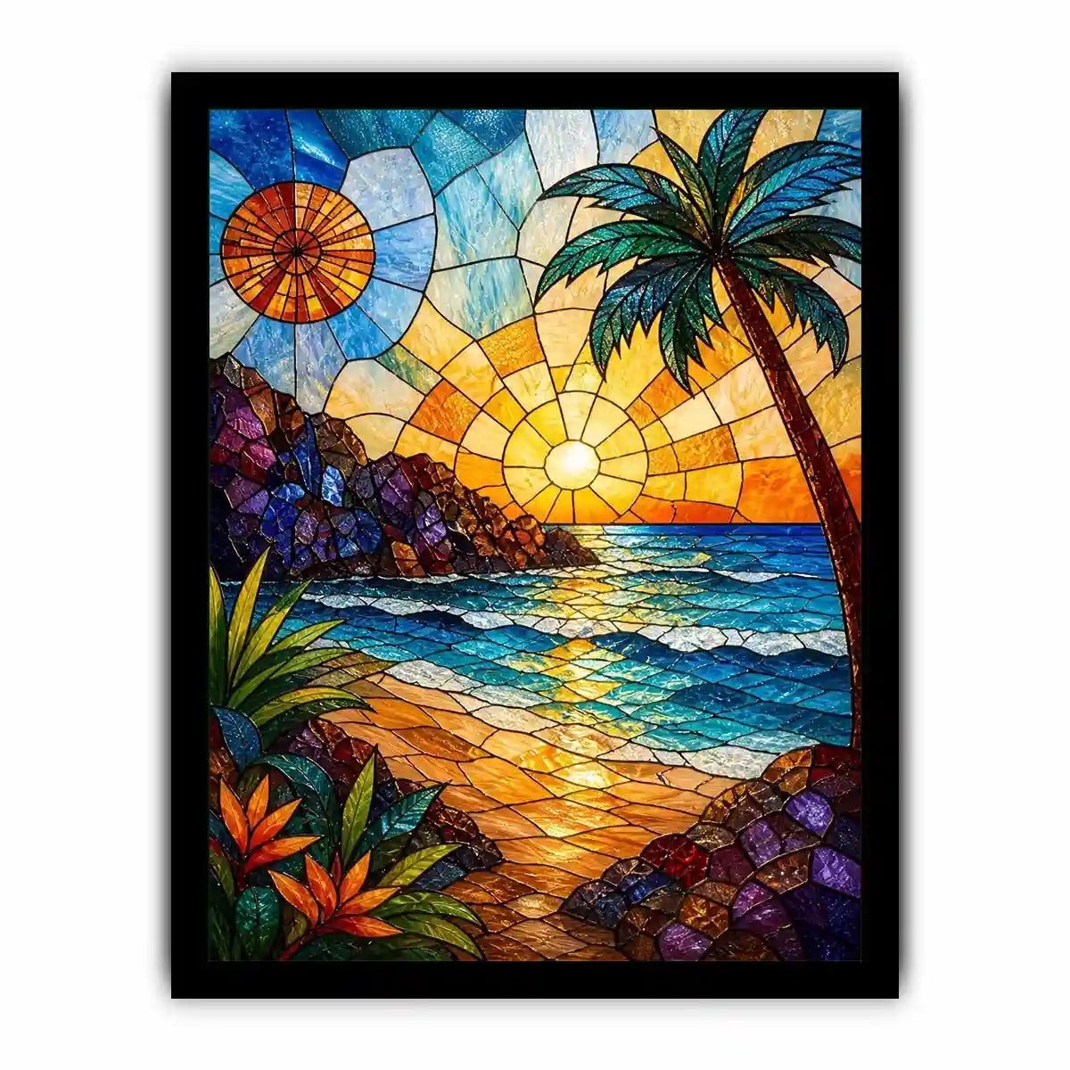 Stained glass beach sunset wall art with ocean waves palm tree and golden sky coastal modern canvas artwork