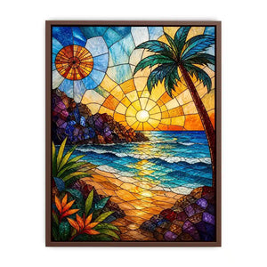 Stained glass beach sunset wall art with ocean waves palm tree and golden sky coastal modern canvas artwork