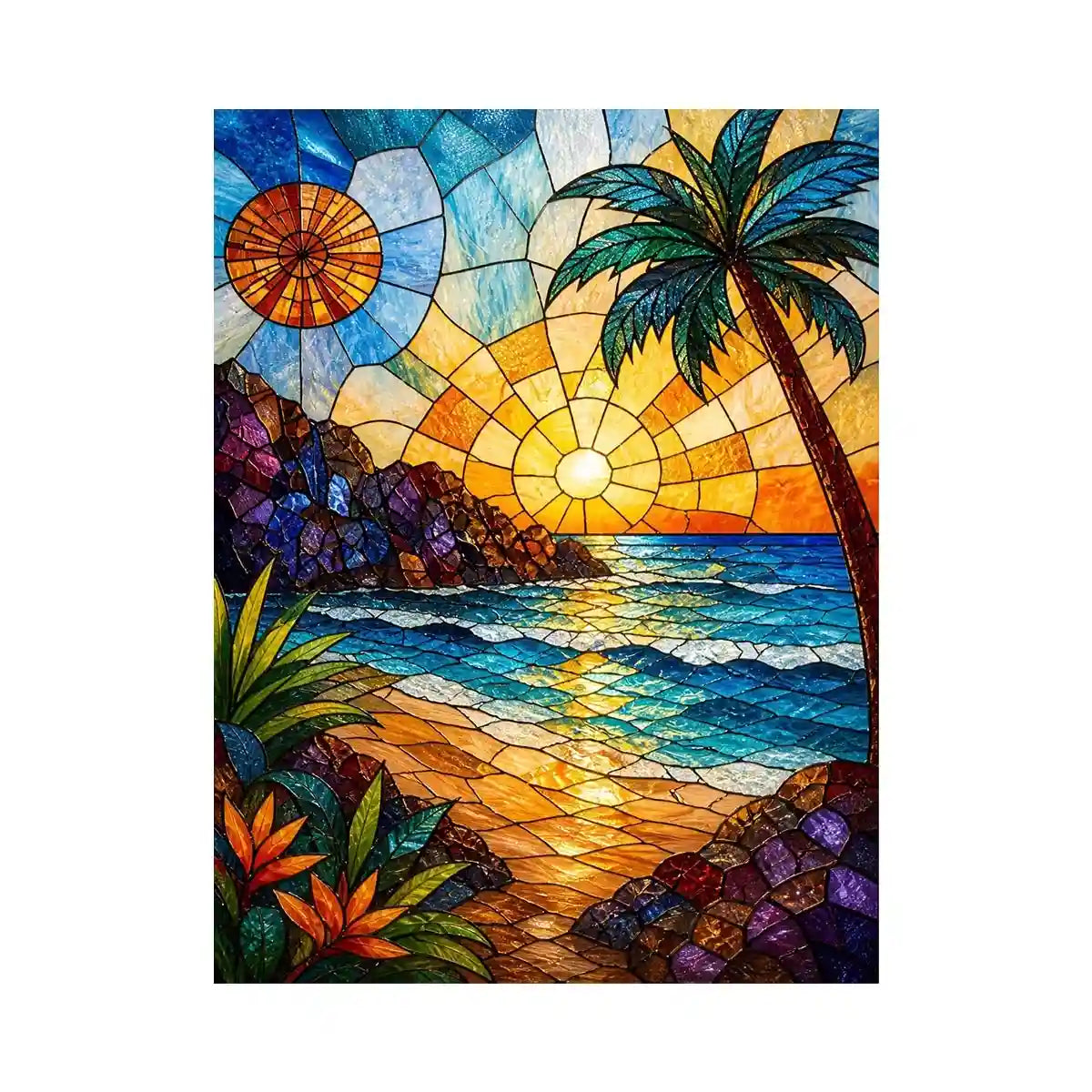 Stained glass beach sunset wall art with ocean waves palm tree and golden sky coastal modern canvas artwork