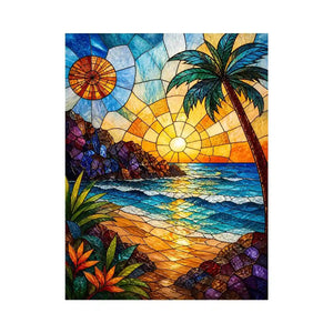 Stained glass beach sunset wall art with ocean waves palm tree and golden sky coastal modern canvas artwork