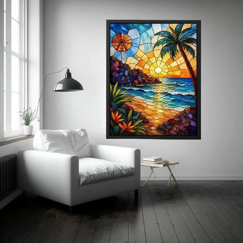 Stained glass beach sunset wall art with ocean waves palm tree and golden sky coastal modern canvas artwork