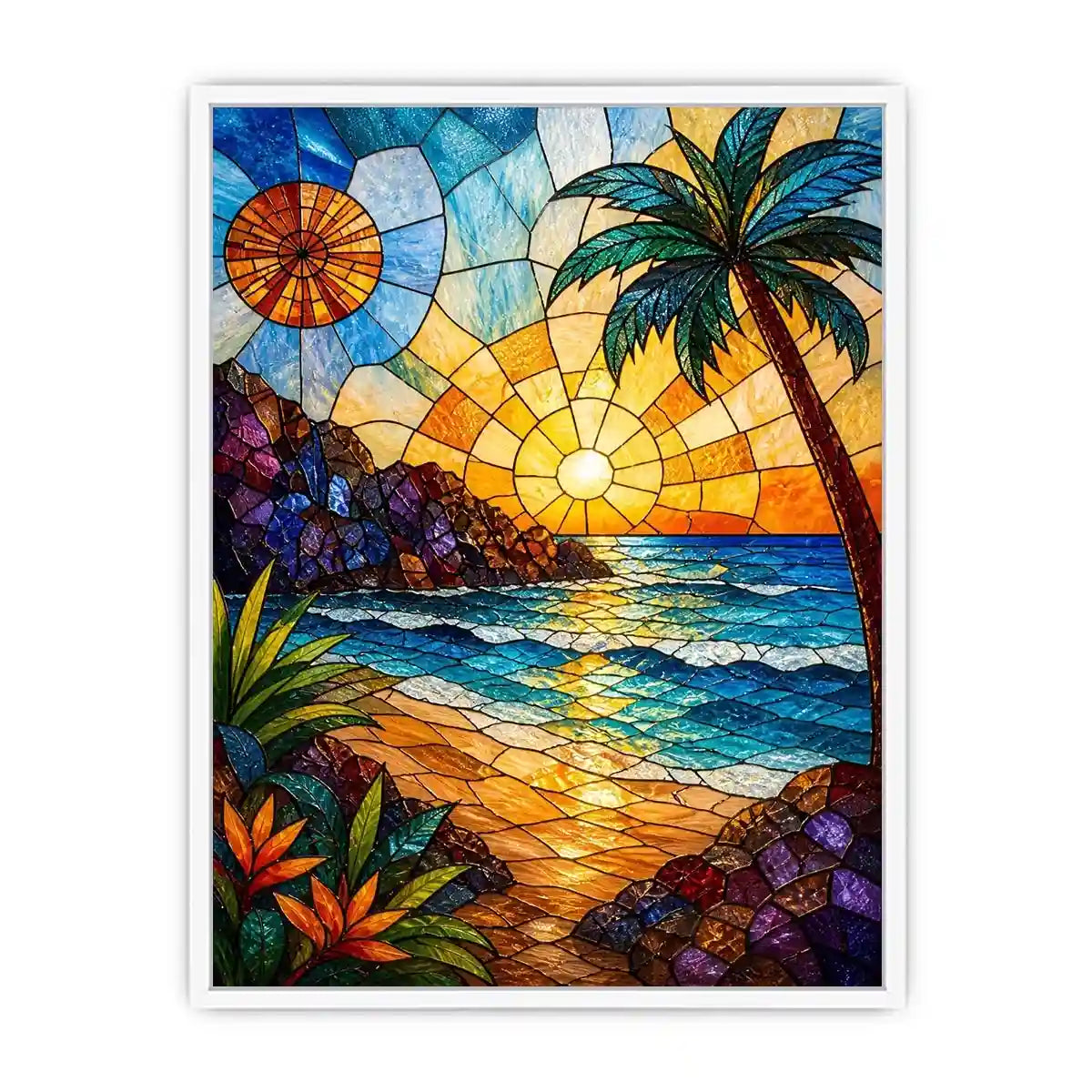 Stained glass beach sunset wall art with ocean waves palm tree and golden sky coastal modern canvas artwork