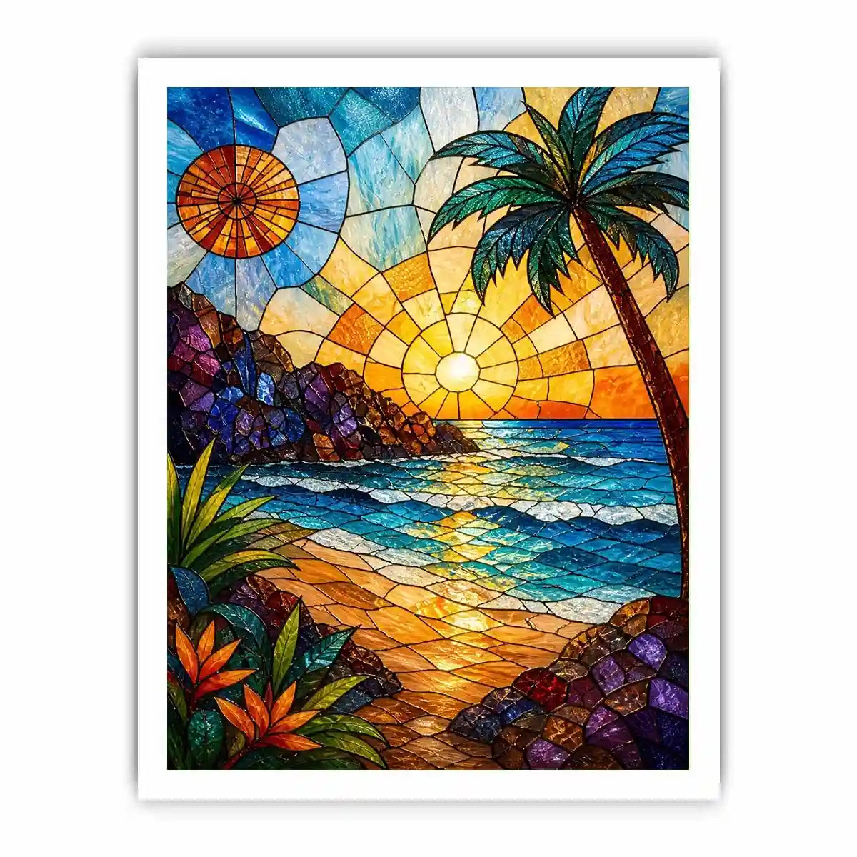 Stained glass beach sunset wall art with ocean waves palm tree and golden sky coastal modern canvas artwork