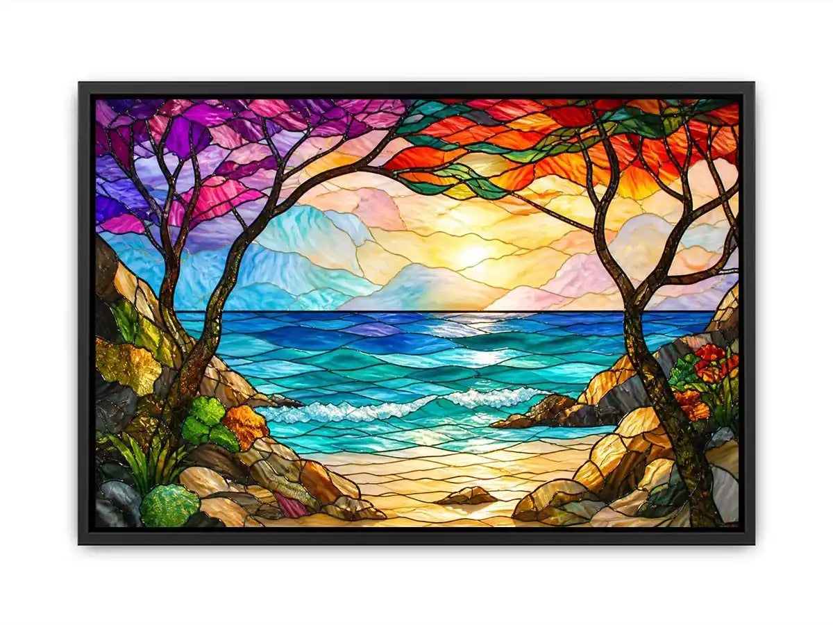 stained glass ocean sunset wall art with waves sky and coastal landscape bright modern canvas artwork