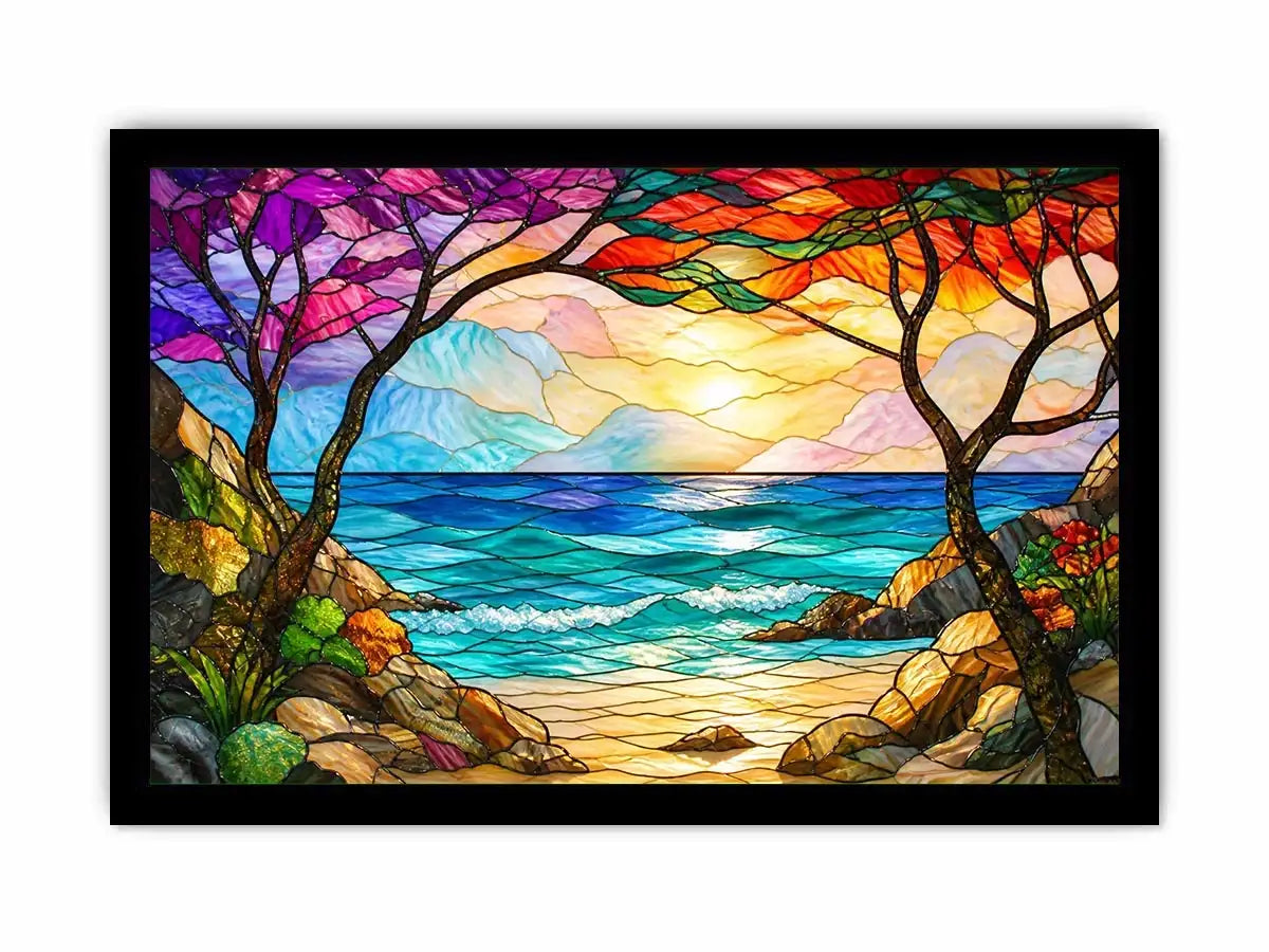 stained glass ocean sunset wall art with waves sky and coastal landscape bright modern canvas artwork