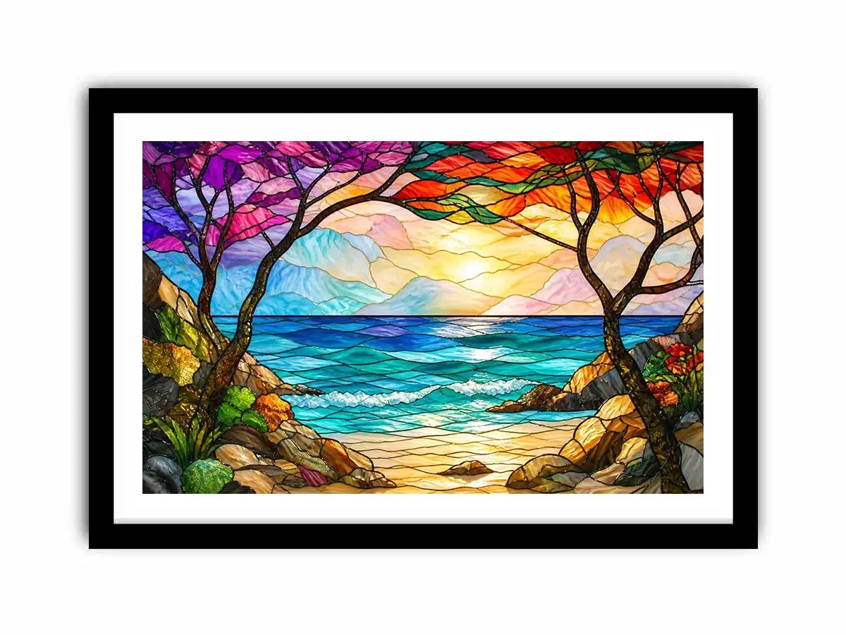 stained glass ocean sunset wall art with waves sky and coastal landscape bright modern canvas artwork