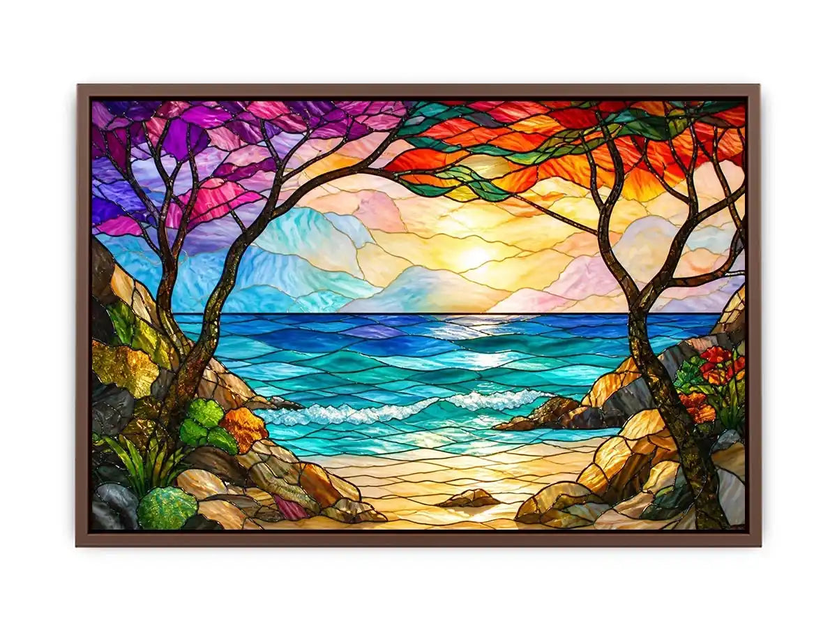 stained glass ocean sunset wall art with waves sky and coastal landscape bright modern canvas artwork