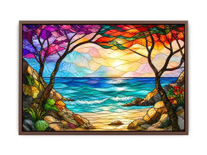 stained glass ocean sunset wall art with waves sky and coastal landscape bright modern canvas artwork