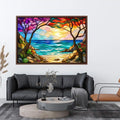 stained glass ocean sunset wall art with waves sky and coastal landscape bright modern canvas artwork