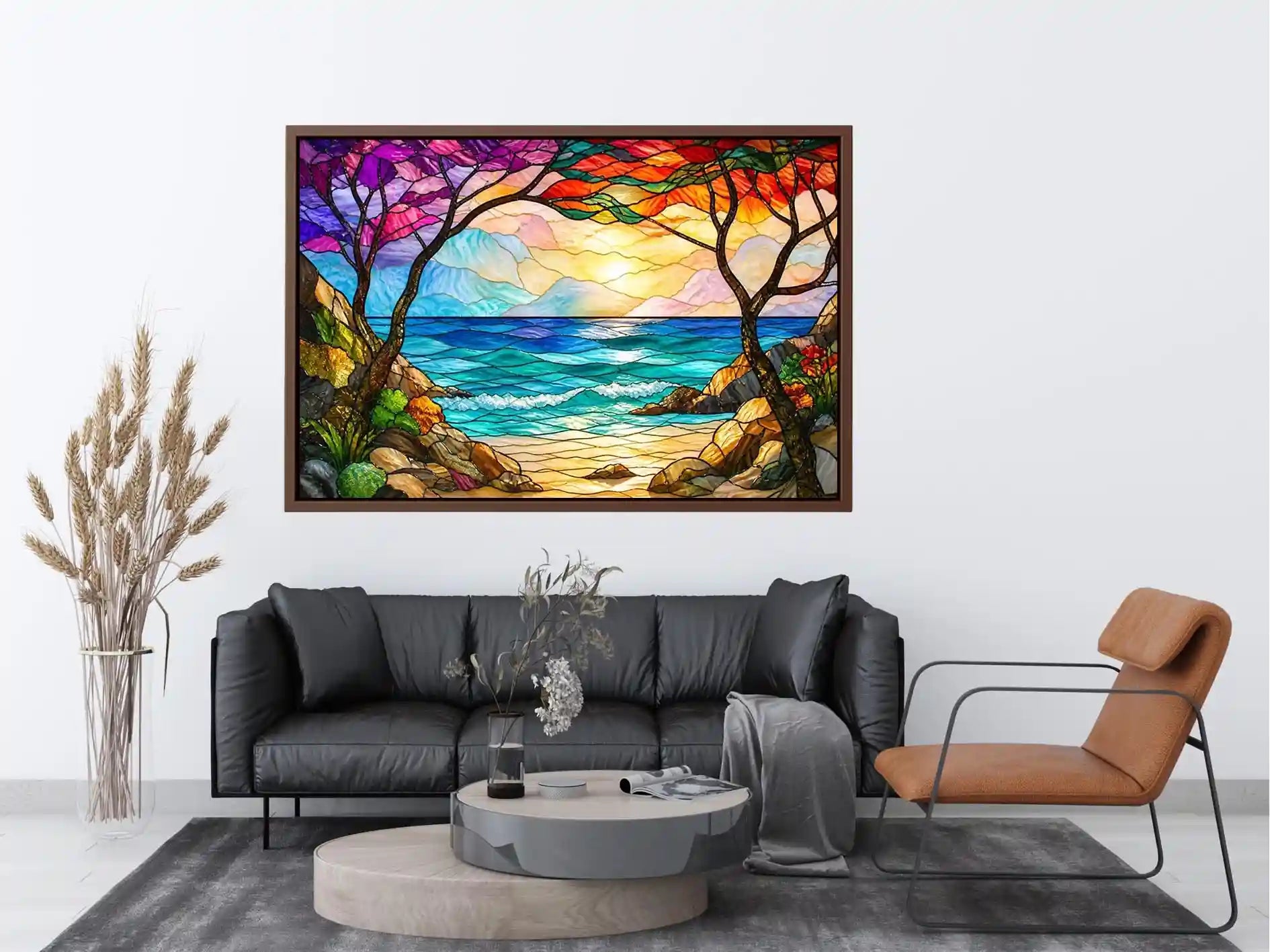 stained glass ocean sunset wall art with waves sky and coastal landscape bright modern canvas artwork