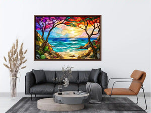 stained glass ocean sunset wall art with waves sky and coastal landscape bright modern canvas artwork