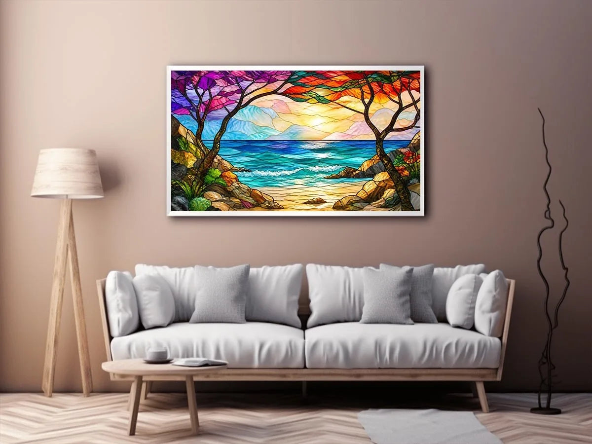 stained glass ocean sunset wall art with waves sky and coastal landscape bright modern canvas artwork