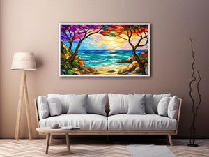 stained glass ocean sunset wall art with waves sky and coastal landscape bright modern canvas artwork