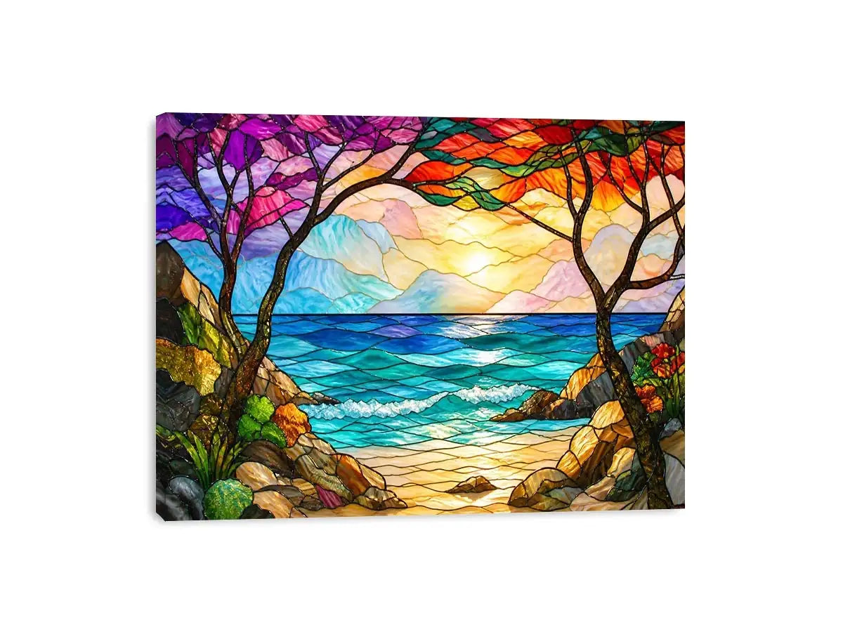 stained glass ocean sunset wall art with waves sky and coastal landscape bright modern canvas artwork
