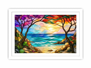 stained glass ocean sunset wall art with waves sky and coastal landscape bright modern canvas artwork