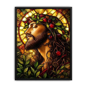 stained glass jesus portrait wall art with warm glowing light spiritual christian canvas artwork