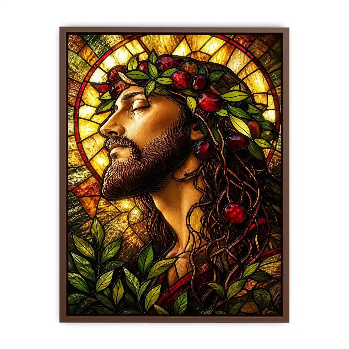 stained glass jesus portrait wall art with warm glowing light spiritual christian canvas artwork