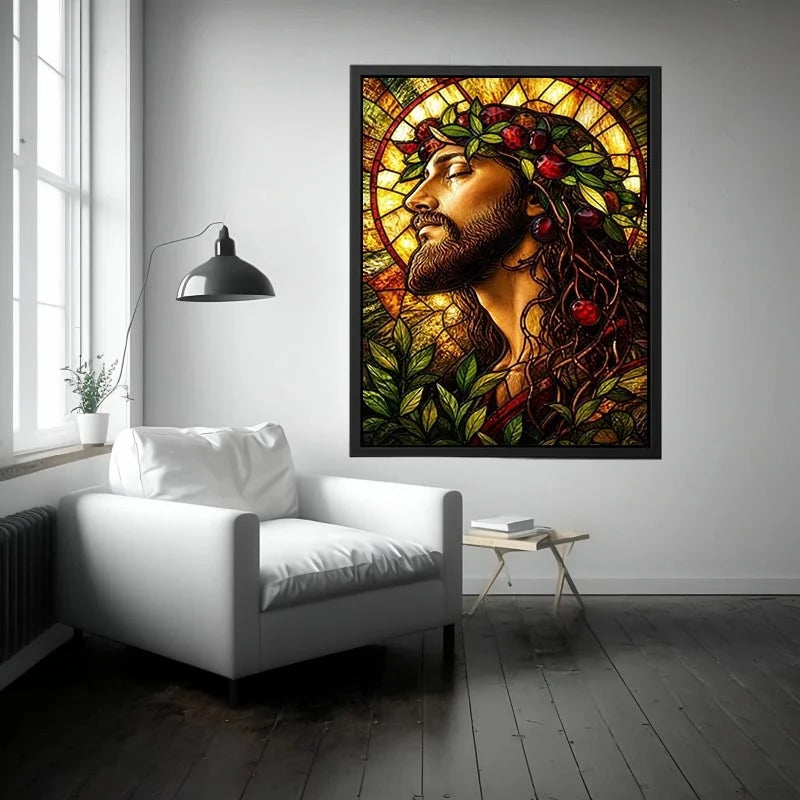 stained glass jesus portrait wall art with warm glowing light spiritual christian canvas artwork