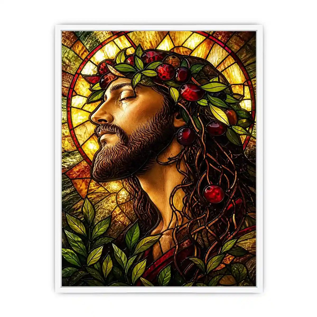 stained glass jesus portrait wall art with warm glowing light spiritual christian canvas artwork