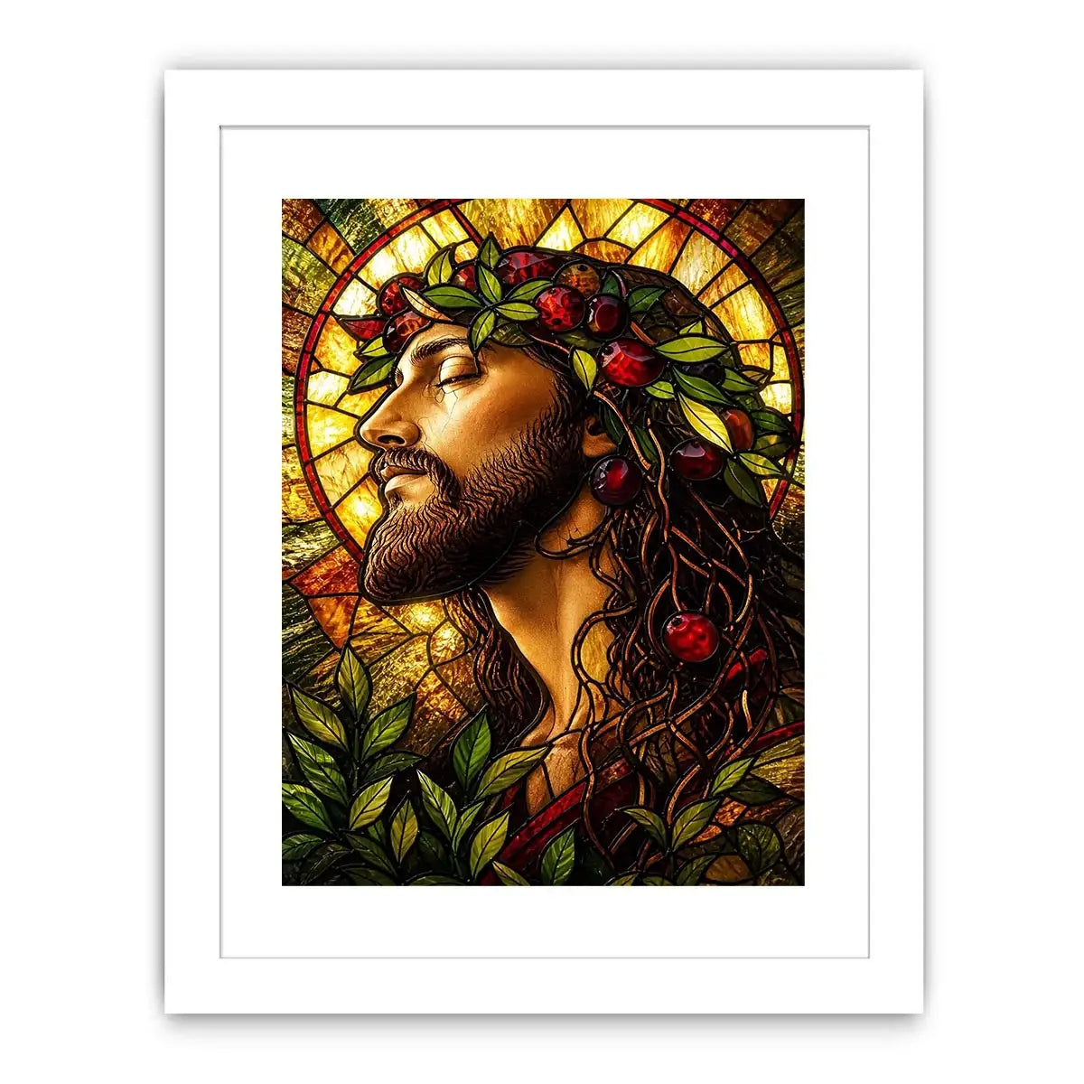 stained glass jesus portrait wall art with warm glowing light spiritual christian canvas artwork