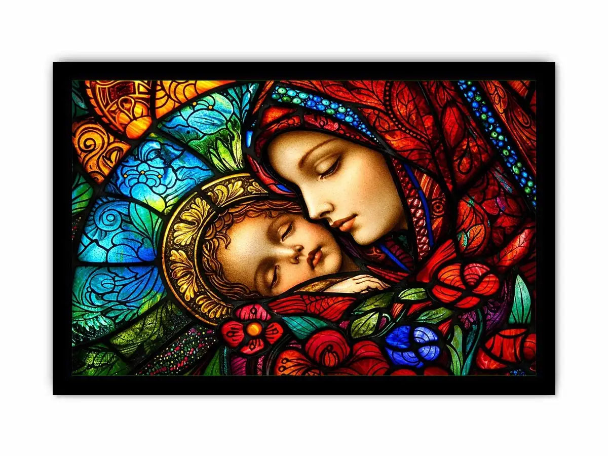 madonna and child stained glass wall art vibrant religious canvas spiritual decor for home and prayer space