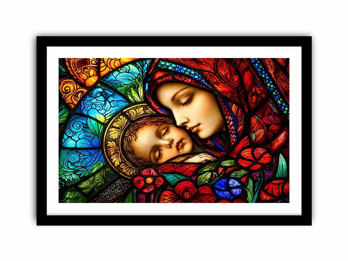 madonna and child stained glass wall art vibrant religious canvas spiritual decor for home and prayer space