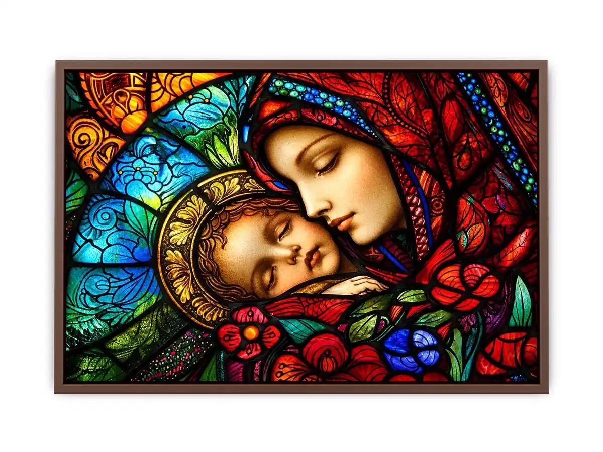 madonna and child stained glass wall art vibrant religious canvas spiritual decor for home and prayer space