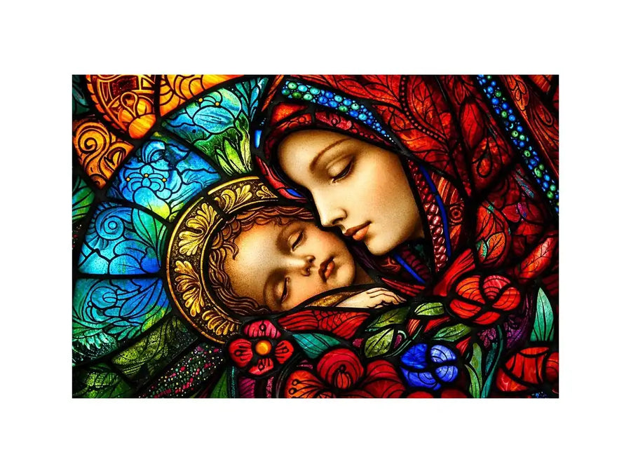 madonna and child stained glass wall art vibrant religious canvas spiritual decor for home and prayer space