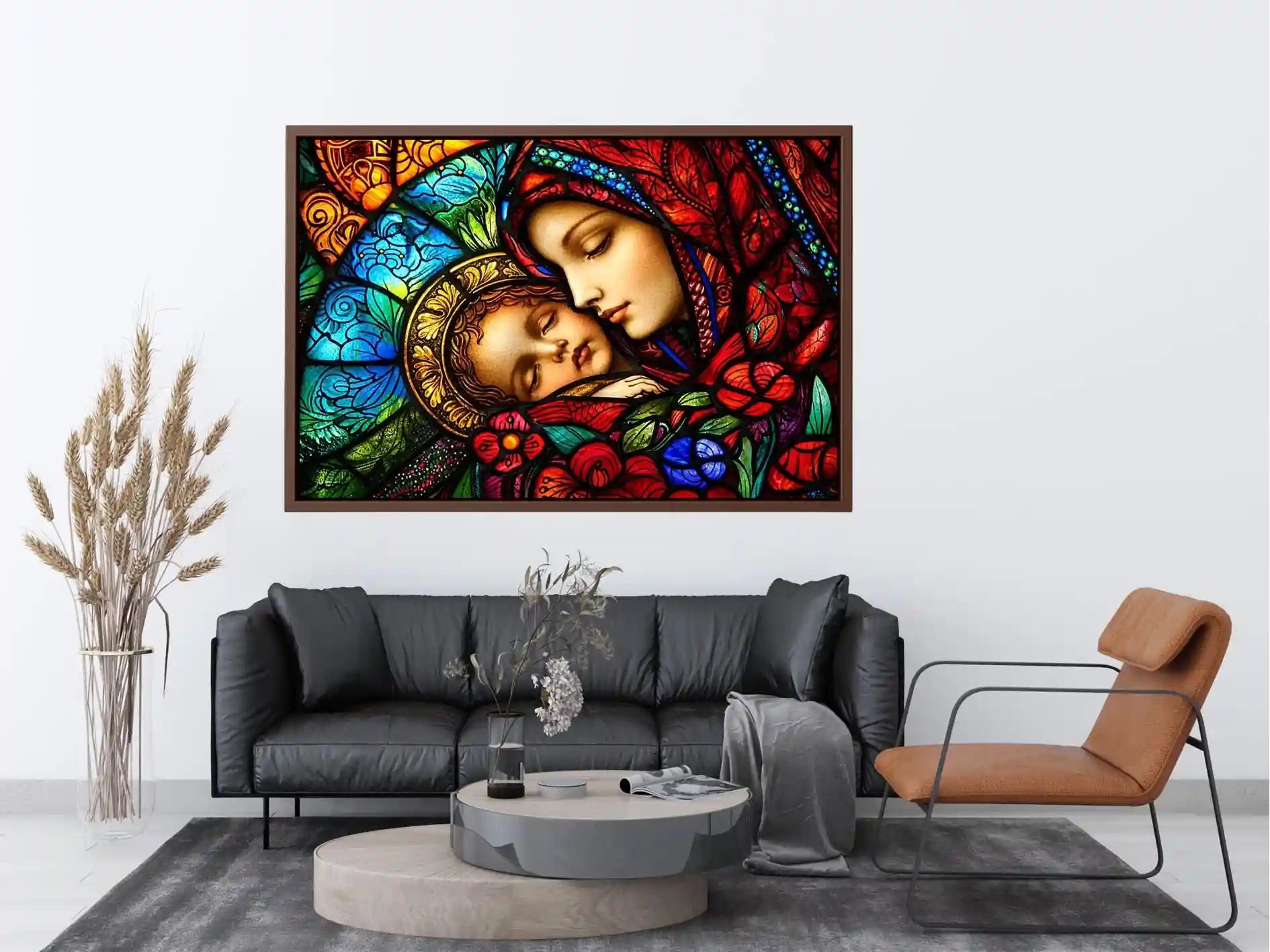 madonna and child stained glass wall art vibrant religious canvas spiritual decor for home and prayer space