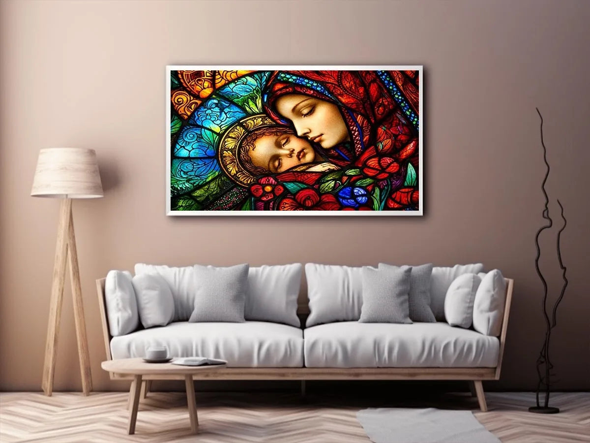 madonna and child stained glass wall art vibrant religious canvas spiritual decor for home and prayer space