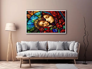 madonna and child stained glass wall art vibrant religious canvas spiritual decor for home and prayer space