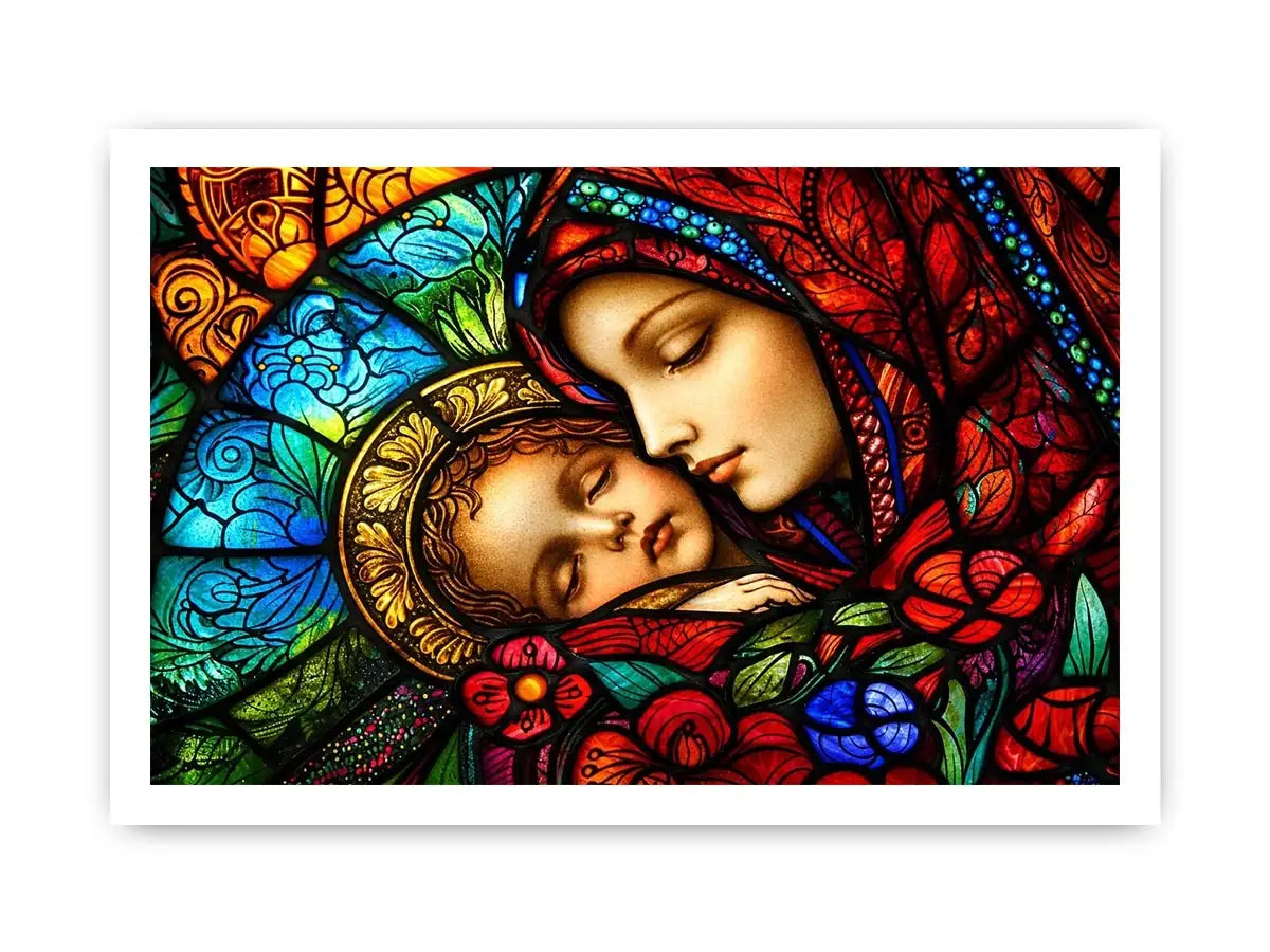 madonna and child stained glass wall art vibrant religious canvas spiritual decor for home and prayer space